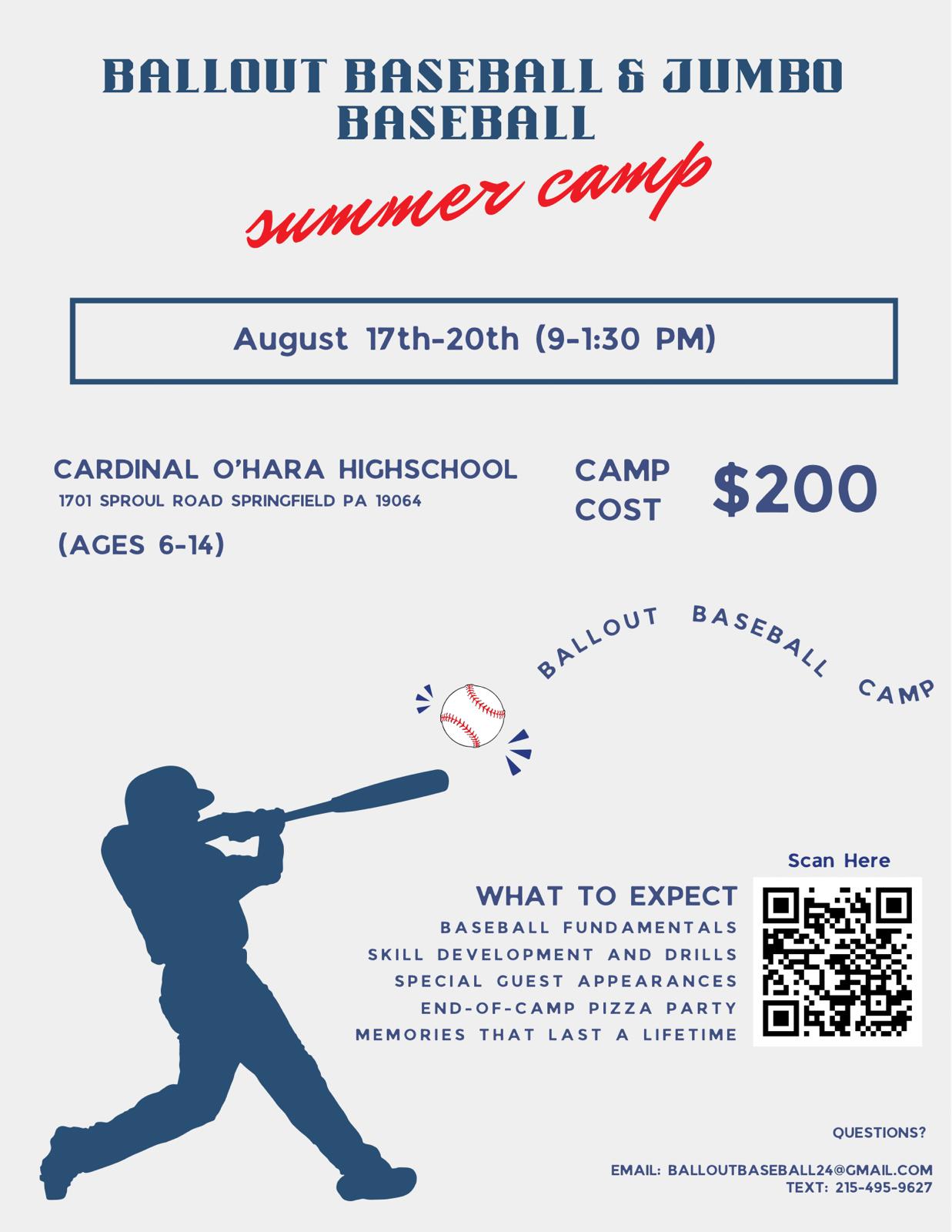 Flyer for Ball Out & Jumbo Baseball summer camps for baseball in August 2026 at Cardinal O'Hara High School.