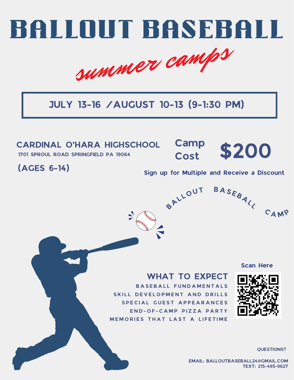 Registration flyer for 2026 baseball summer camps in the Philadelphia area.